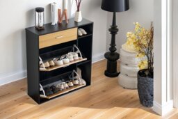Heritage Black & Oak Tall Wooden Shoe Storage Cabinet - Space-Saving Modern Organiser - thumbnail 4