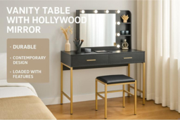 Contemporary Black Vanity Dressing Table Set with Hollywood Mirror, Storage Shelves & Padded Stool - Melamine Finish, Modern Bedroom Furniture - thumbnail 6