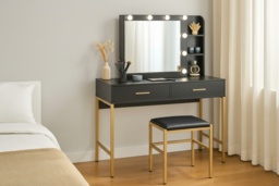 Contemporary Black Vanity Dressing Table Set with Hollywood Mirror, Storage Shelves & Padded Stool - Melamine Finish, Modern Bedroom Furniture - thumbnail 3