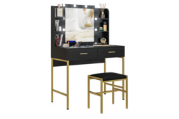 Contemporary Black Vanity Dressing Table Set with Hollywood Mirror, Storage Shelves & Padded Stool - Melamine Finish, Modern Bedroom Furniture - thumbnail 4