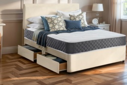 Cream Divan Bed & Memory Foam Mattress - 6 Sizes & 3 Fabric Options! - thumbnail 2