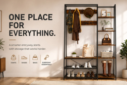 5-in-1 Hall Tree with Storage Bench, Hooks & Side Shelves - thumbnail 4