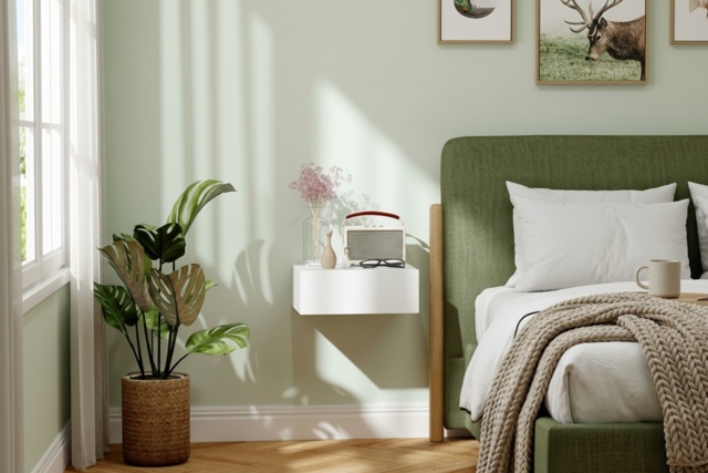 White Wall-Mounted Bedside Table with Drawer - Contemporary Space-Saving Bedroom Storage, Melamine-Faced, 10kg Capacity - image 1