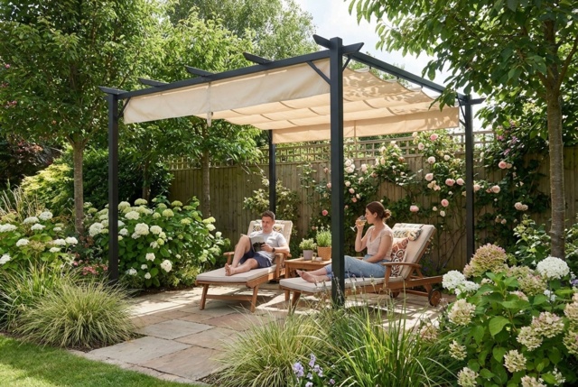 Outdoor Retractable Steel Pergola with Waterproof UV Canopy