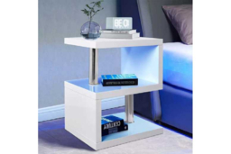 PRICE DROP! Astra Abstract High Gloss LED Side Table - Contemporary Storage, Chrome Columns, Multi-Tier Accent for Living Room - thumbnail 7