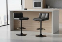 Contemporary 2-Piece Black Faux Leather Adjustable Bar Stool Set - thumbnail 2