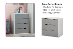 Modern White & Grey Chest of Drawers - 3 or 5-Drawer Bedroom Storage, Contemporary Slim Design - thumbnail 4