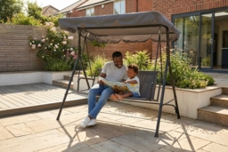 Grey 3-Seater Garden Swing Chair with Cushions and Adjustable Canopy - thumbnail 2