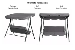 Grey 3-Seater Garden Swing Chair with Cushions and Adjustable Canopy - thumbnail 4