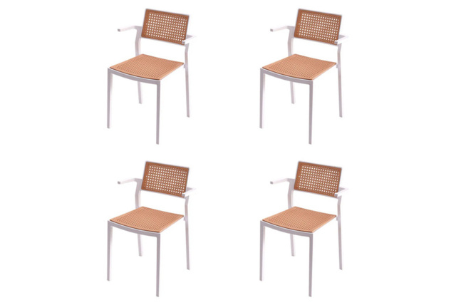 Set of 4 White Stackable Pseudo-Rattan Armrest Dining Chairs - image 1