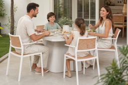 Set of 4 White Stackable Pseudo-Rattan Armrest Dining Chairs - thumbnail 6
