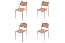 Set of 4 White Stackable Pseudo-Rattan Armrest Dining Chairs