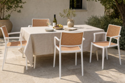 Set of 4 White Stackable Pseudo-Rattan Armrest Dining Chairs - thumbnail 3