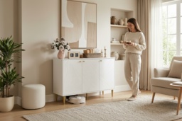 White/Gold-Tone Modular Sideboard Storage Cabinet - Wood, Adjustable Shelves, 107cm Wide, Space-Saving Modern Storage - thumbnail 2