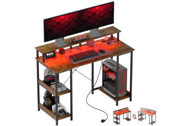 Contemporary Computer Desk with RGB LED, Charging Ports & Dual Monitor Stand - Space-Saving Modern Home Office Table - image 1