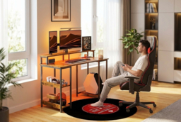 Contemporary Computer Desk with RGB LED, Charging Ports & Dual Monitor Stand - Space-Saving Modern Home Office Table - thumbnail 6
