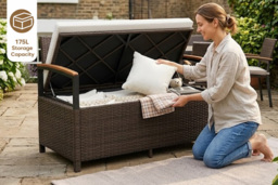 Outdoor Storage Bench: 175L, Acacia Armrests, Cushion, Weather-Resistant - thumbnail 2