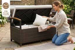 Outdoor Storage Bench: 175L, Acacia Armrests, Cushion, Weather-Resistant - thumbnail 6