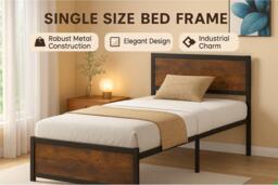 Single Size Industrial Metal Bed Frame with Under-Bed Storage - Sturdy Metal, High Headboard, Rustic Brown & Black - thumbnail 2