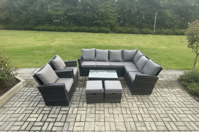 Dark Grey 10-Seater PE Rattan Corner Dining Set with Rectangular Coffee Table - Weather-Resistant Garden Furniture - image 1