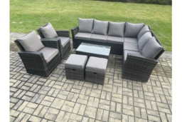 Dark Grey 10-Seater PE Rattan Corner Dining Set with Rectangular Coffee Table - Weather-Resistant Garden Furniture - thumbnail 6