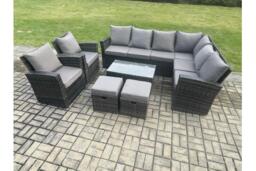 Dark Grey 10-Seater PE Rattan Corner Dining Set with Rectangular Coffee Table - Weather-Resistant Garden Furniture - thumbnail 2