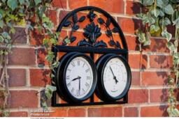 Outdoor Garden Wall Art Clock & Thermometer - Powder-Coated Steel, Weatherproof, Classic Floral, 45cm - thumbnail 3
