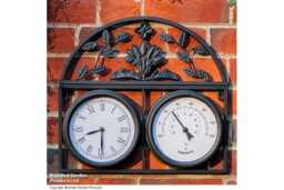 Outdoor Garden Wall Art Clock & Thermometer - Powder-Coated Steel, Weatherproof, Classic Floral, 45cm - thumbnail 1