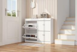 PRICE DROP! 2-Tier Flip Down Shoe Bench Cabinet with Cushioned Top Seating - thumbnail 2