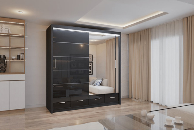 High Gloss Sliding Mirror Door Bedroom Wardrobe - Storage Drawers, Rails, Modern Finish, 3 Sizes & Colours - image 1