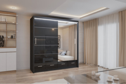 High Gloss Sliding Mirror Door Bedroom Wardrobe - Storage Drawers, Rails, Modern Finish, 3 Sizes & Colours - thumbnail 5