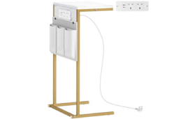 C-Shaped Marble-Effect Bedside Table with Charging Station - Steel Frame, Space-Saving Bedroom Furniture - thumbnail 6
