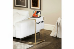 C-Shaped Marble-Effect Bedside Table with Charging Station - Steel Frame, Space-Saving Bedroom Furniture - thumbnail 1