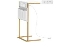 C-Shaped Marble-Effect Bedside Table with Charging Station - Steel Frame, Space-Saving Bedroom Furniture - thumbnail 2