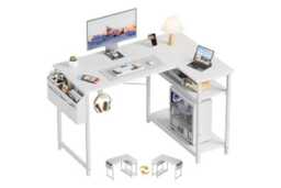 EcoFurnix L-Shaped Corner Desk - Solid Wood, Storage, Modern White, Space-Saving Home Office & Living Room Furniture - thumbnail 1