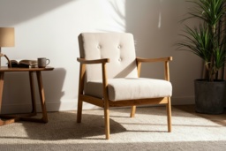Linen-Upholstered Wooden Armchair - Rubberwood Frame & Plush Seating - thumbnail 2