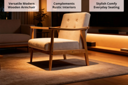 Linen-Upholstered Wooden Armchair - Rubberwood Frame & Plush Seating - thumbnail 7