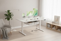 EcoFurnix Electric Sit-Stand Living Room Desk, White & Walnut, Height Adjustable, Storage, 140x80cm, Contemporary - thumbnail 2