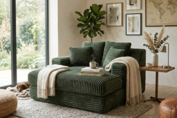 Corduroy Upholstered Chaise Lounge Sofa Bed with Cup Holder & Pillows - Blue or Green - thumbnail 4
