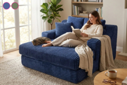 Corduroy Upholstered Chaise Lounge Sofa Bed with Cup Holder & Pillows - Blue or Green - thumbnail 6