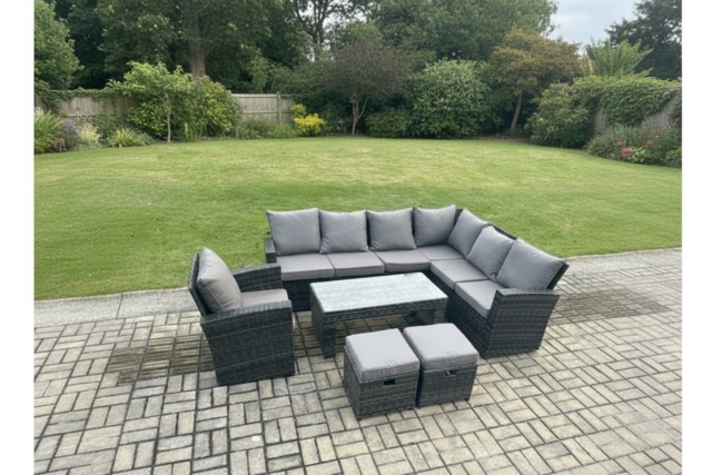 Dark Grey Rattan Weather-Resistant 9-Seater Corner Sofa Set with Armchair & Footstools - Modern Garden Lounge - image 1
