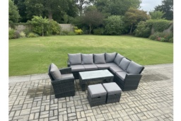 Dark Grey Rattan Weather-Resistant 9-Seater Corner Sofa Set with Armchair & Footstools - Modern Garden Lounge