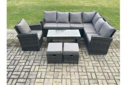 Dark Grey Rattan Weather-Resistant 9-Seater Corner Sofa Set with Armchair & Footstools - Modern Garden Lounge - thumbnail 2
