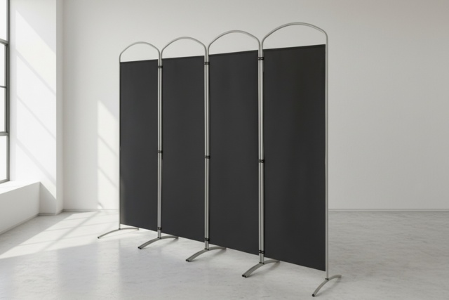 Contemporary Black Metal 4-Panel Bedroom Privacy Screen - Foldable Woven Fibre Room Divider - image 1