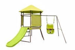 4-in-1 Outdoor Swing Set with Playhouse Fort, Adjustable Baby Seat, Slide, and Ladder - Green - thumbnail 1