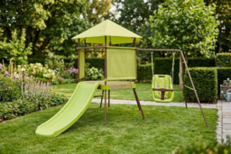 4-in-1 Outdoor Swing Set with Playhouse Fort, Adjustable Baby Seat, Slide, and Ladder - Green - thumbnail 6