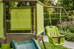 4-in-1 Outdoor Swing Set with Playhouse Fort, Adjustable Baby Seat, Slide, and Ladder - Green - thumbnail 8