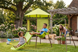 4-in-1 Outdoor Swing Set with Playhouse Fort, Adjustable Baby Seat, Slide, and Ladder - Green - thumbnail 3