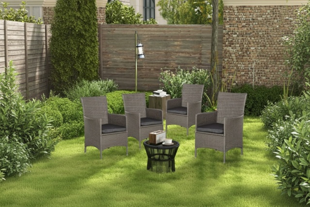 4pc Grey Rattan Dining Chair Set with Cushions - Weather-Resistant Outdoor Patio Seating - image 1