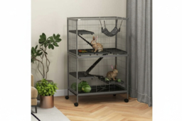 Multi-Level Small Animal Cage - Ferret, Chinchilla, Kitten & Hamster Habitat with Hammock, Wheels & Easy Clean Tray - Silver Grey - thumbnail 6